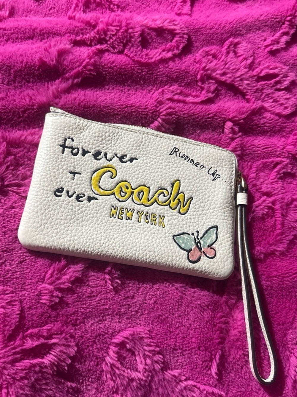 Coach White Leather Embroidered Wristlet with Yellow Logo & Butterfly